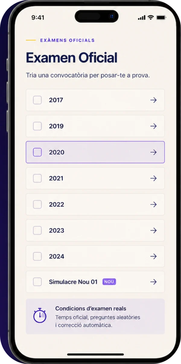 Pantalla dels exàmens oficials de l’app, de 2017 a 2024, i un simulacre nou
