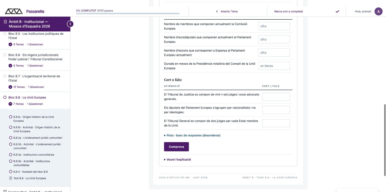 Activitat del curs amb les caselles per omplir i el boto Comprova
